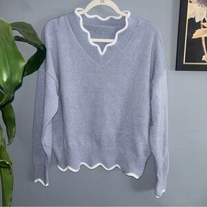 Emery Rose Light Blue Scallop-Edge V-Neck Sweater sz L